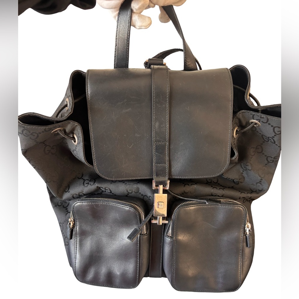 Gucci GG Nylon Backpack Black Monogram Cargo Pocket Jackie Lock